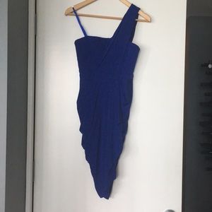 Vibrant blue BCBG formal off the shoulder dress